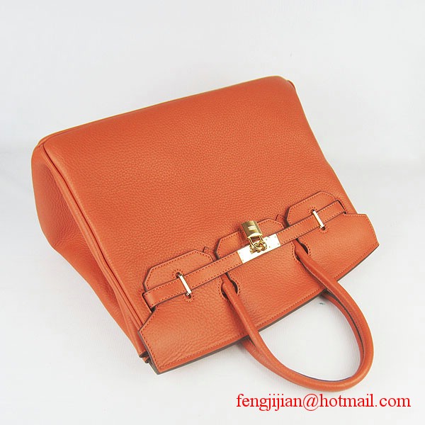 Hermes 35cm Embossed Veins Leather Bag Orange 6089 Gold Hardware